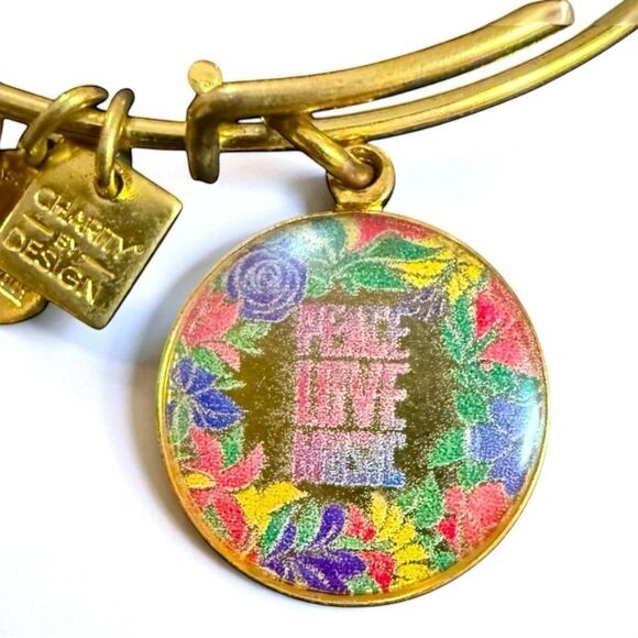 Alex & Ani Peace Love Music Charm Bangle Gold EUC - Picture 2 of 10